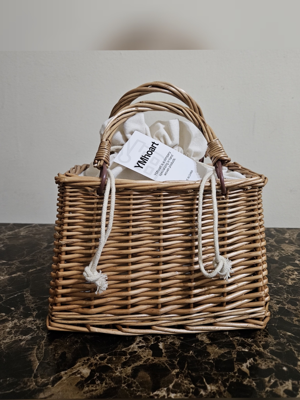 Wicker Basket Tote Bag with Drawstring Linen Liner - Tan
